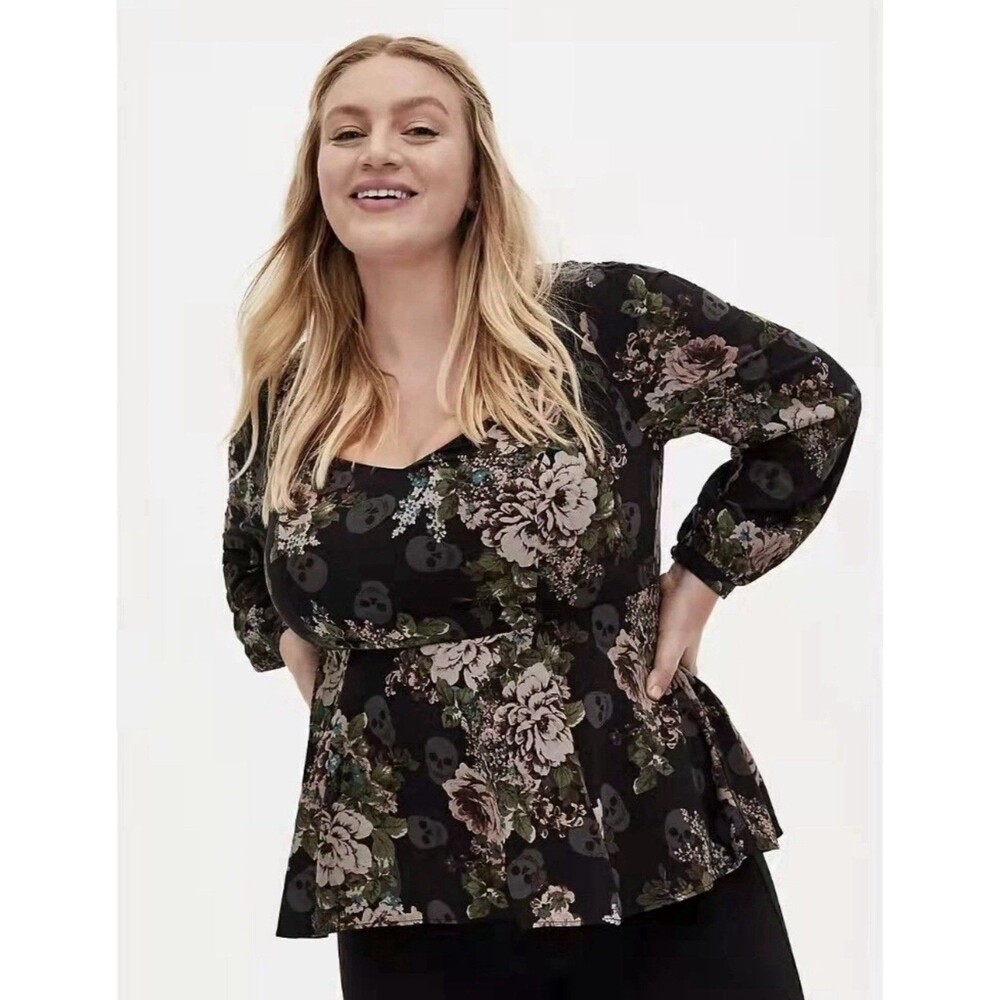 Torrid Black Floral Long Sleeve Skull Peplum Blouse Top Size 1 1X